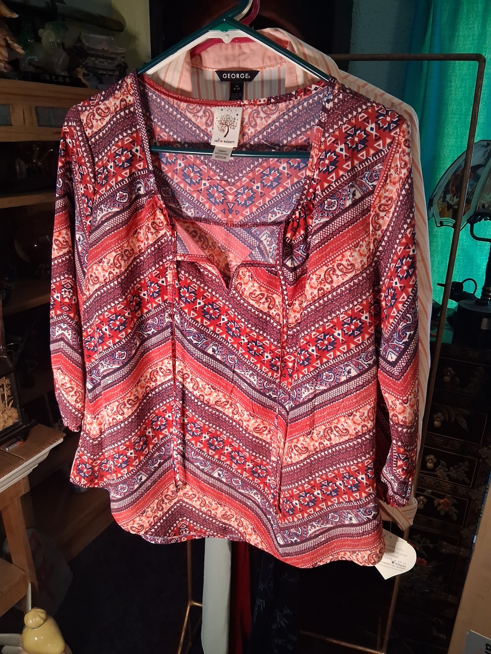 Self Esteem Red and Purple Patterned Peasant Blouse
